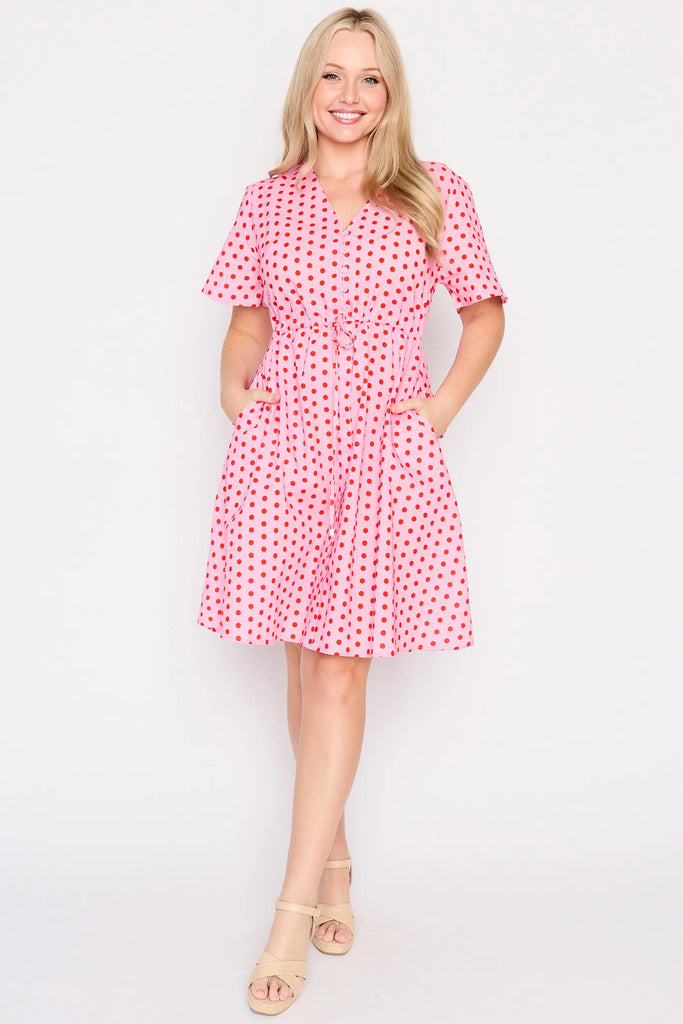 Front View - Siena Cotton Pretty In Pink Dress with pretty red polka dots on a pink base.