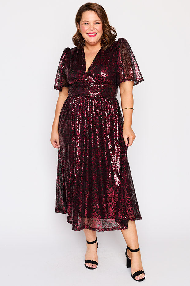 Tamie Burgundy Party Sequins Dress – Burgundy Party Sequins midi dress