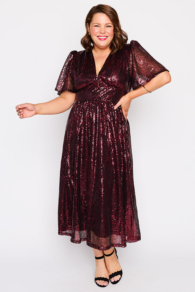 Tamie Burgundy Party Sequins Dress – Burgundy Party Sequins midi dress