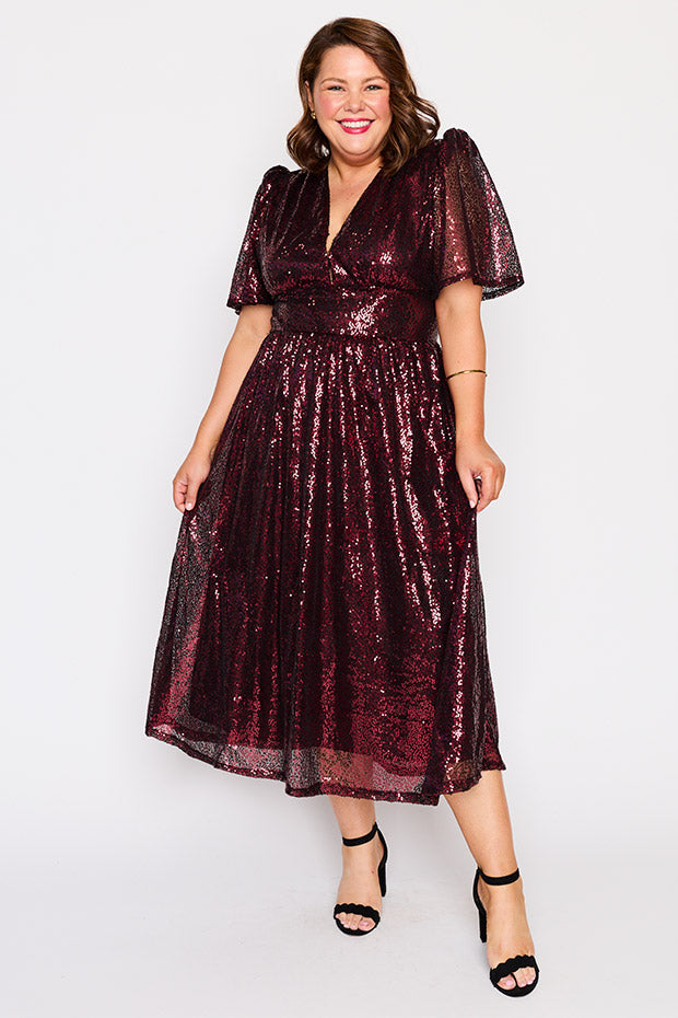 Tamie Burgundy Party Sequins Dress – Burgundy Party Sequins midi dress