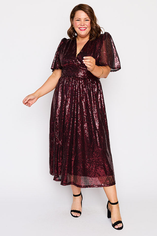 Tamie Burgundy Party Sequins Dress – Burgundy Party Sequins midi dress
