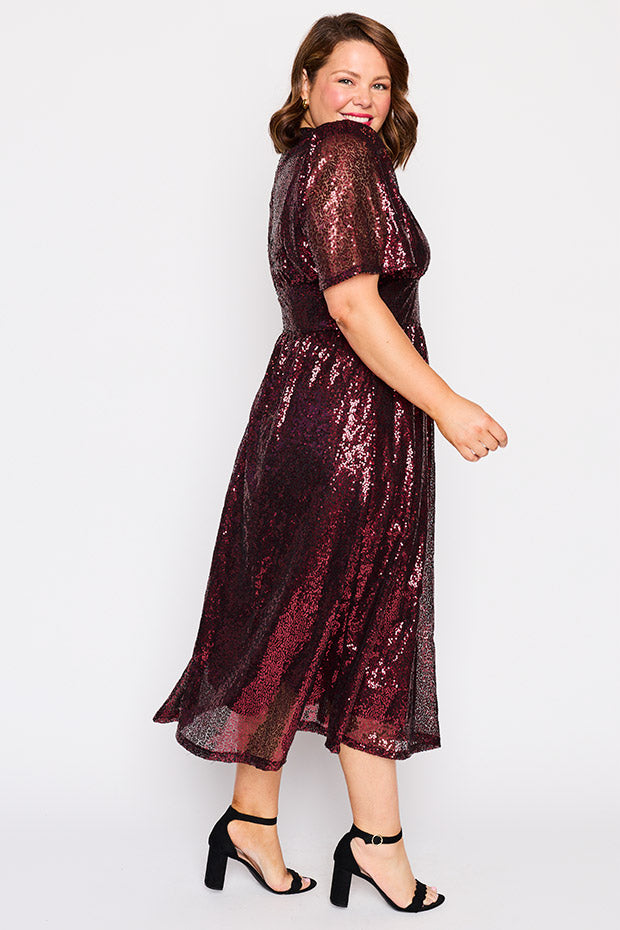 Tamie Burgundy Party Sequins Dress – Burgundy Party Sequins midi dress