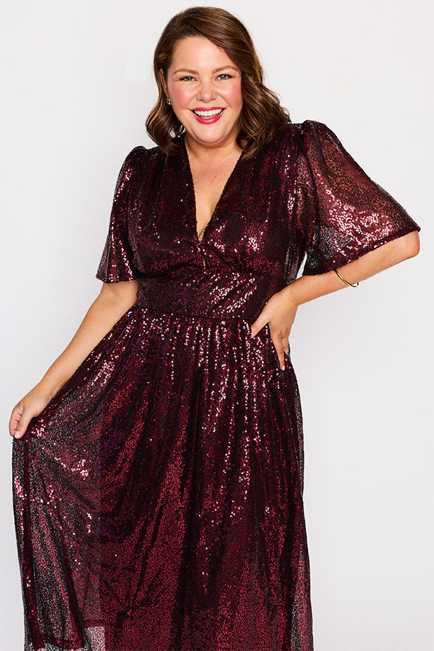 Tamie Burgundy Party Sequins Dress – Burgundy Party Sequins midi dress
