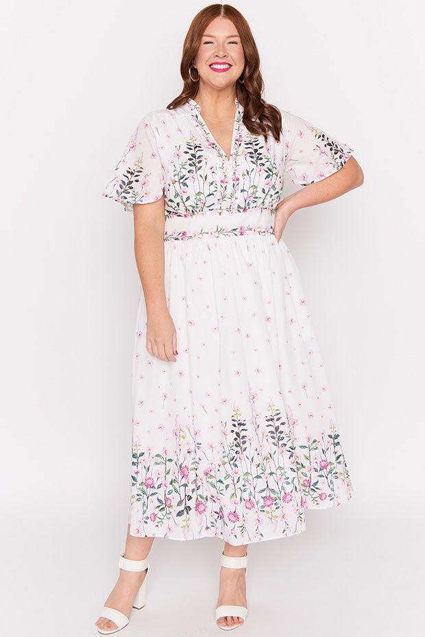 Stephanie White Dancing Clover Dress – White Dancing Clover midi dress