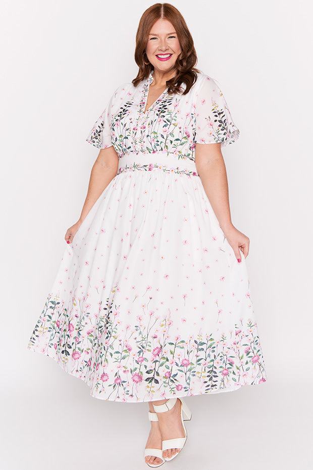 Stephanie White Dancing Clover Dress – White Dancing Clover midi dress