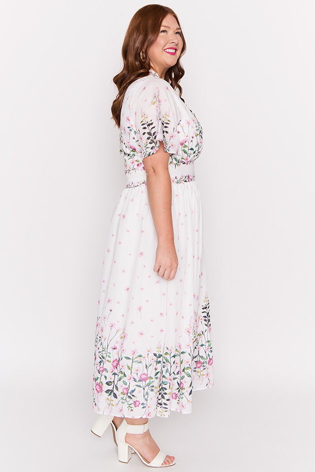 Stephanie White Dancing Clover Dress – White Dancing Clover midi dress