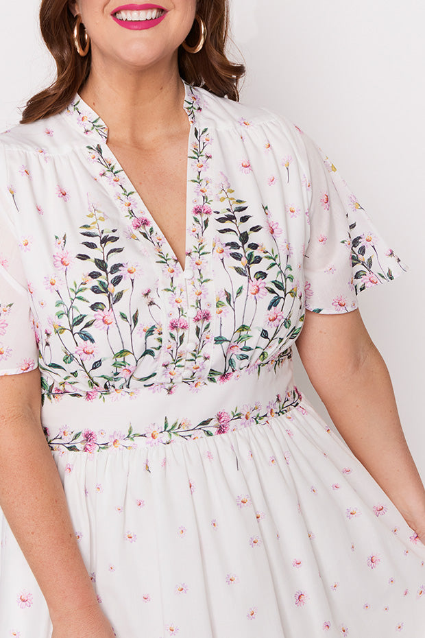 Stephanie White Dancing Clover Dress – White Dancing Clover midi dress