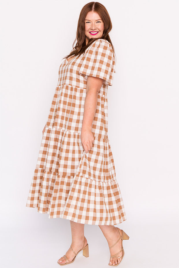 Percy Brown Gingham Dress – Brown Gingham midi dress