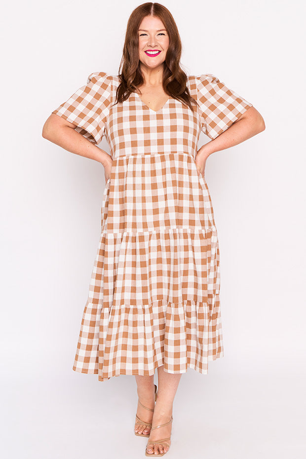Percy Brown Gingham Dress – Brown Gingham midi dress
