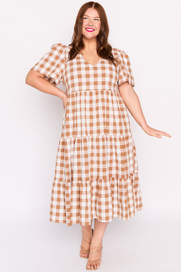 Percy Brown Gingham Dress – Brown Gingham midi dress