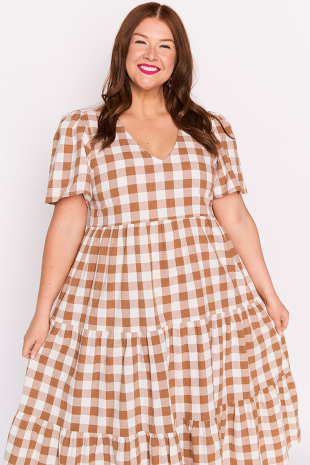 Percy Brown Gingham Dress – Brown Gingham midi dress