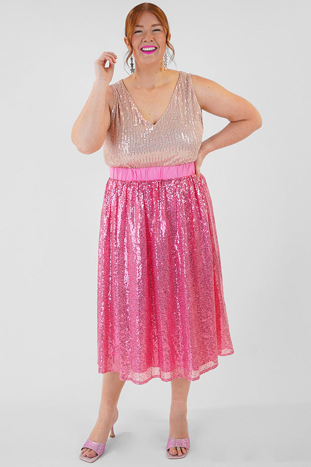 Eras Pink Sequin Skirt – Pink Sequin midi skirt