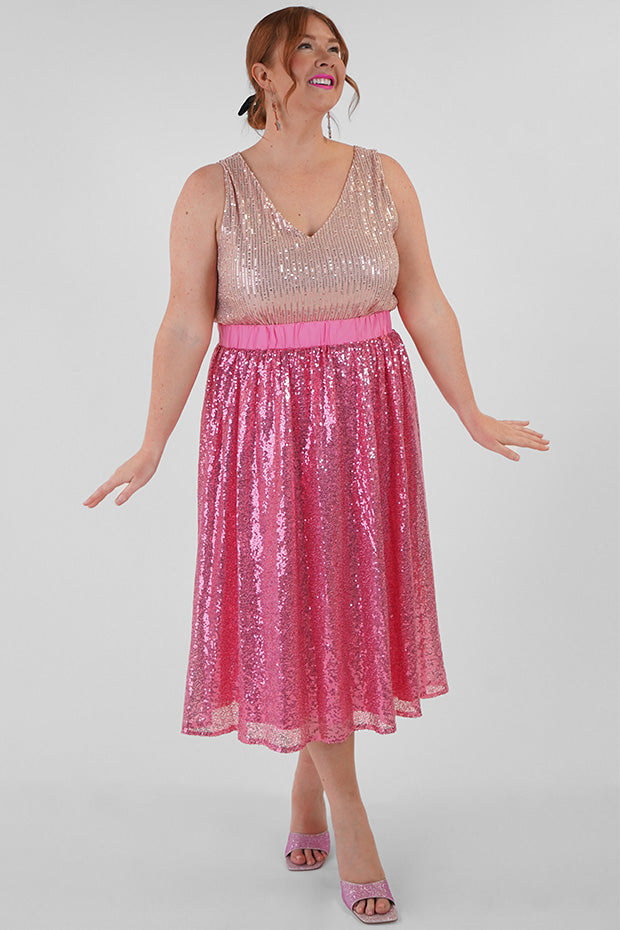 Eras Pink Sequin Skirt – Pink Sequin midi skirt
