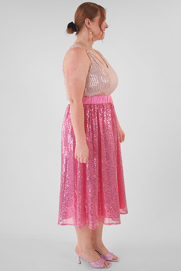 Eras Pink Sequin Skirt – Pink Sequin midi skirt