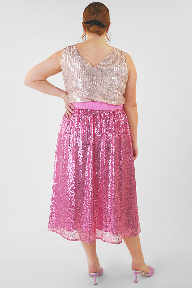 Eras Pink Sequin Skirt – Pink Sequin midi skirt