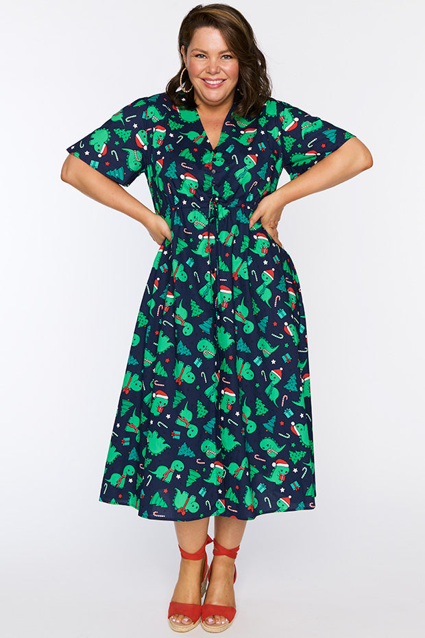 christmas dinosaur dress Horeoi Christmas Dinosaur colorful Print Women's Short Sleeve Dress Breathable Polyester-Spandex All-Over Print A-Line Side Pockets Elastic Waist,