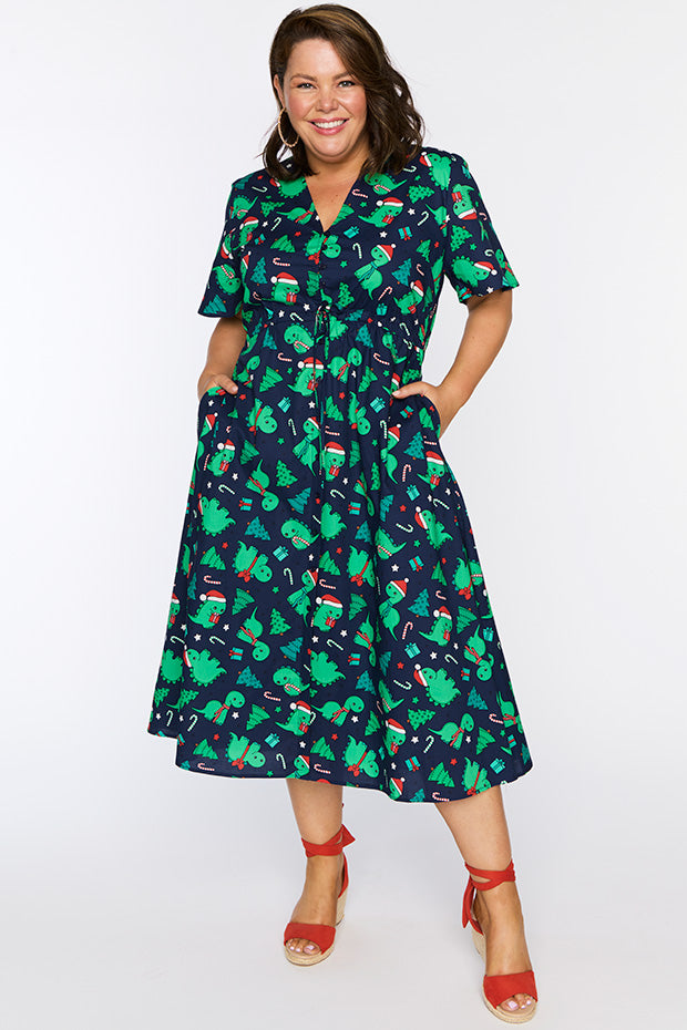 Marley Cotton Dino Christmas Dress – Dino Christmas midi dress