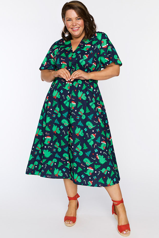 Marley Cotton Dino Christmas Dress – Dino Christmas midi dress
