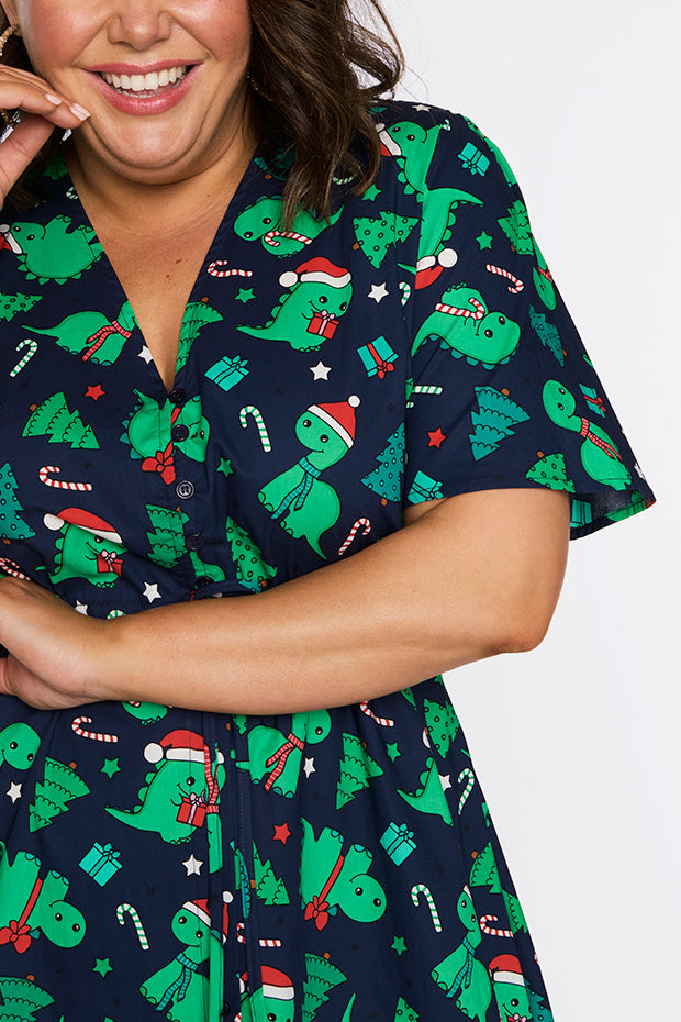 Marley Cotton Dino Christmas Dress – Dino Christmas midi dress