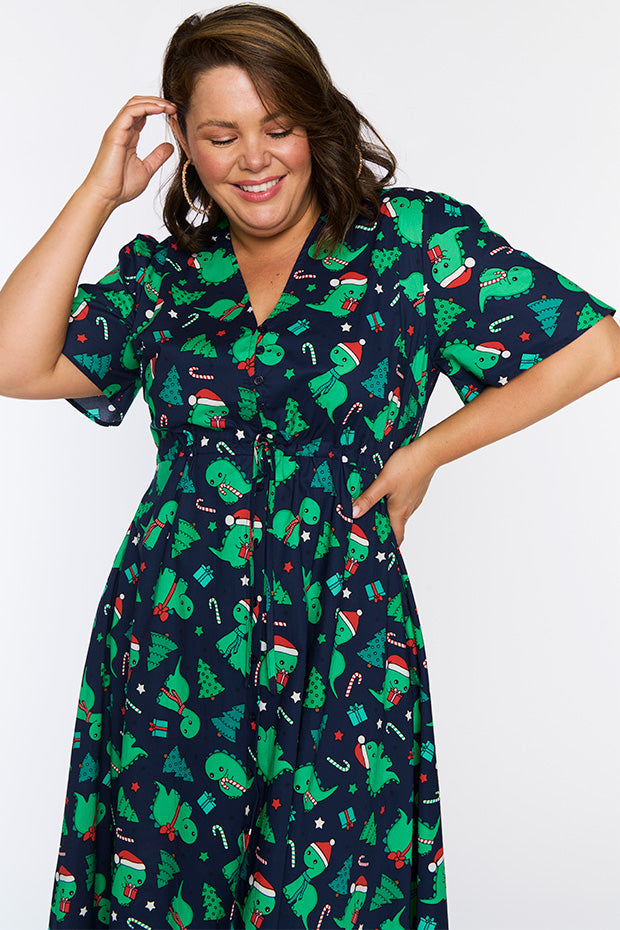 Marley Cotton Dino Christmas Dress – Dino Christmas midi dress