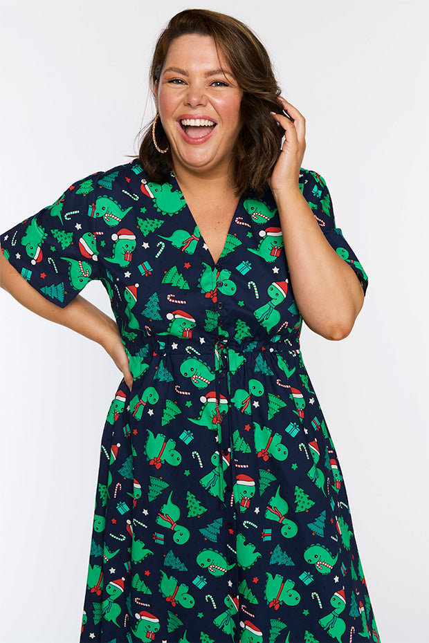 Marley Cotton Dino Christmas Dress – Dino Christmas midi dress