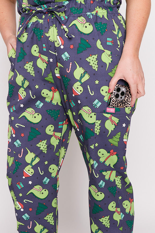 Cristina Dino Christmas Scrub Pant – Dino Christmas wide leg pants