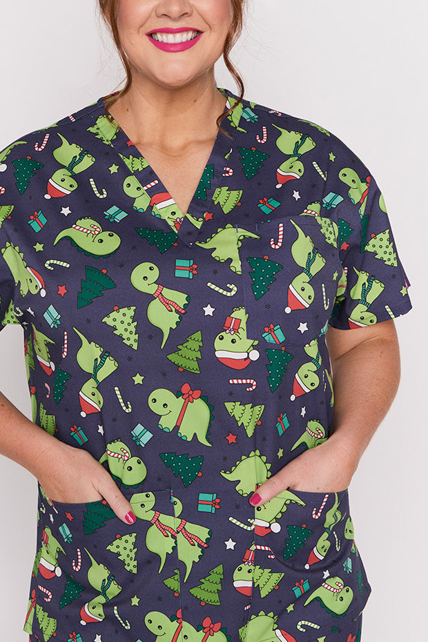 Meredith Dino Christmas Scrub Top – Dino Christmas top