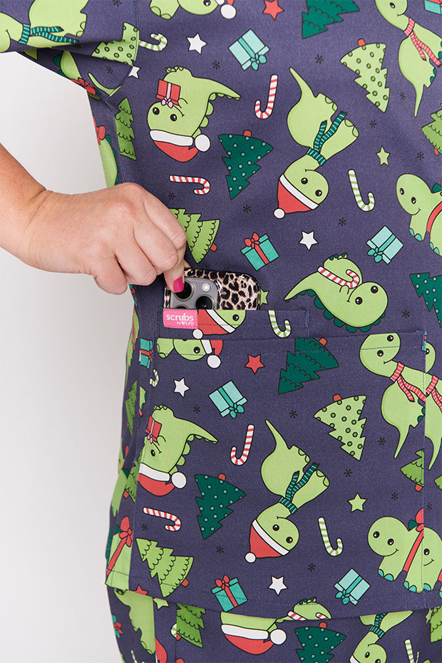 Meredith Dino Christmas Scrub Top – Dino Christmas top