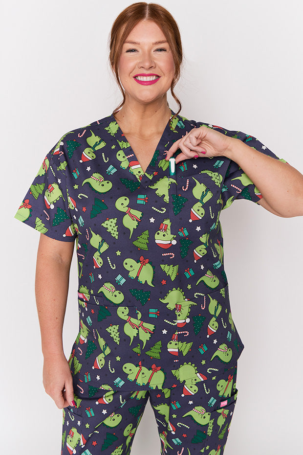 Meredith Dino Christmas Scrub Top – Dino Christmas top