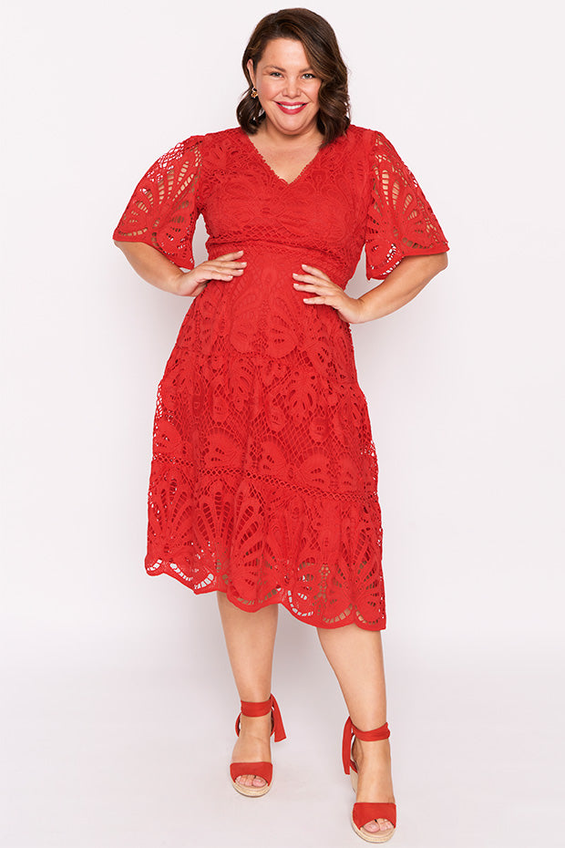 Nicolla Red Lace Dress – Red Lace midi dress