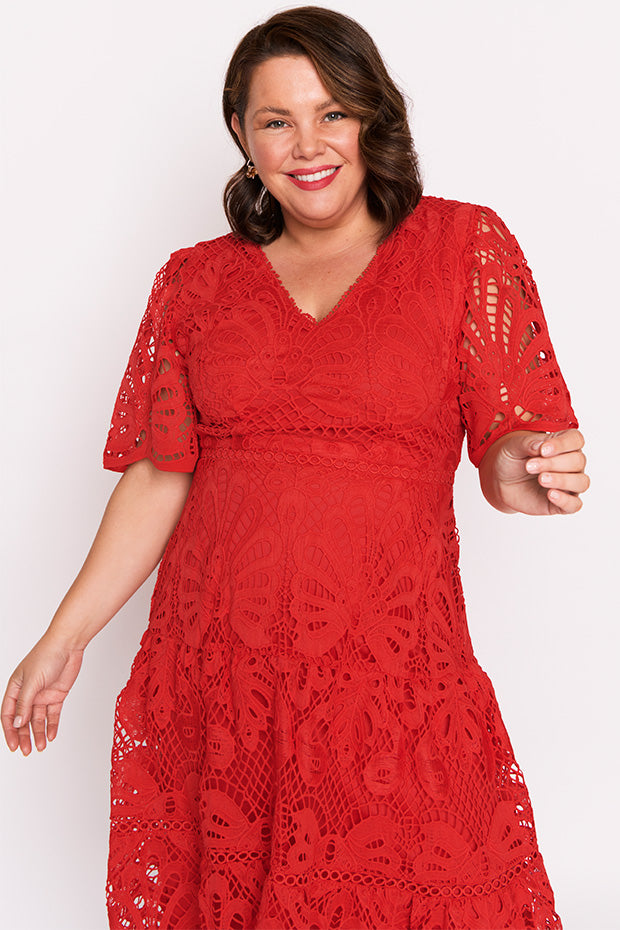 Nicolla Red Lace Dress – Red Lace midi dress