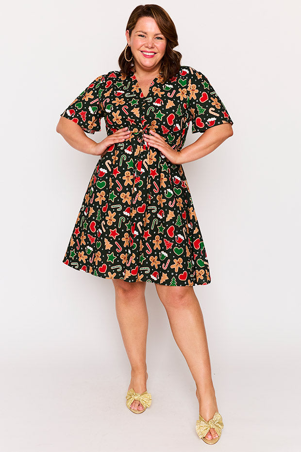 Siena Cotton Gingerbread Cookie Christmas Dress – Gingerbread Cookie Christmas knee length dress