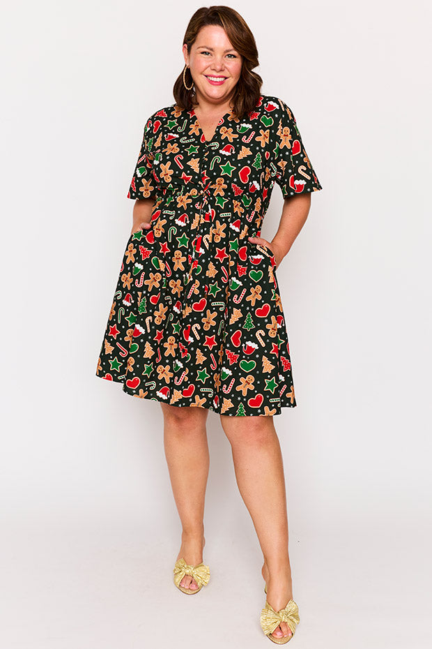 Siena Cotton Gingerbread Cookie Christmas Dress – Gingerbread Cookie Christmas knee length dress