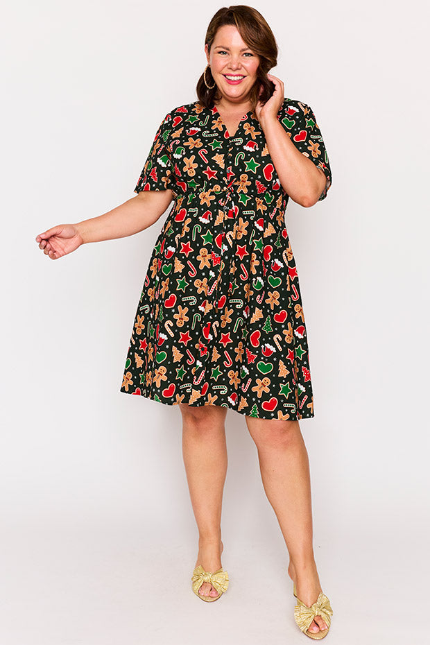 Siena Cotton Gingerbread Cookie Christmas Dress – Gingerbread Cookie Christmas knee length dress