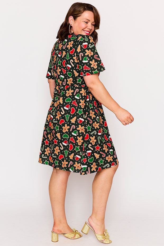 Siena Cotton Gingerbread Cookie Christmas Dress – Gingerbread Cookie Christmas knee length dress
