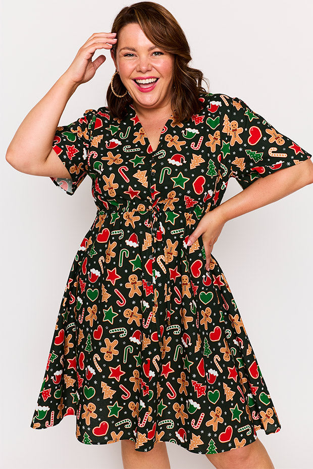 Siena Cotton Gingerbread Cookie Christmas Dress – Gingerbread Cookie Christmas knee length dress