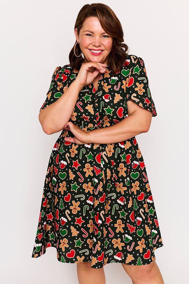 Siena Cotton Gingerbread Cookie Christmas Dress – Gingerbread Cookie Christmas knee length dress