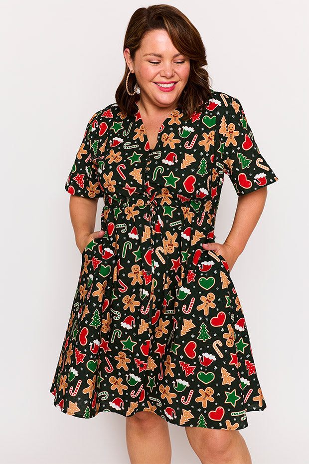 Siena Cotton Gingerbread Cookie Christmas Dress – Gingerbread Cookie Christmas knee length dress