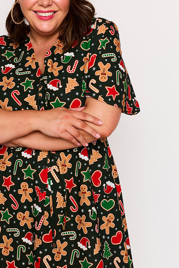 Siena Cotton Gingerbread Cookie Christmas Dress – Gingerbread Cookie Christmas knee length dress
