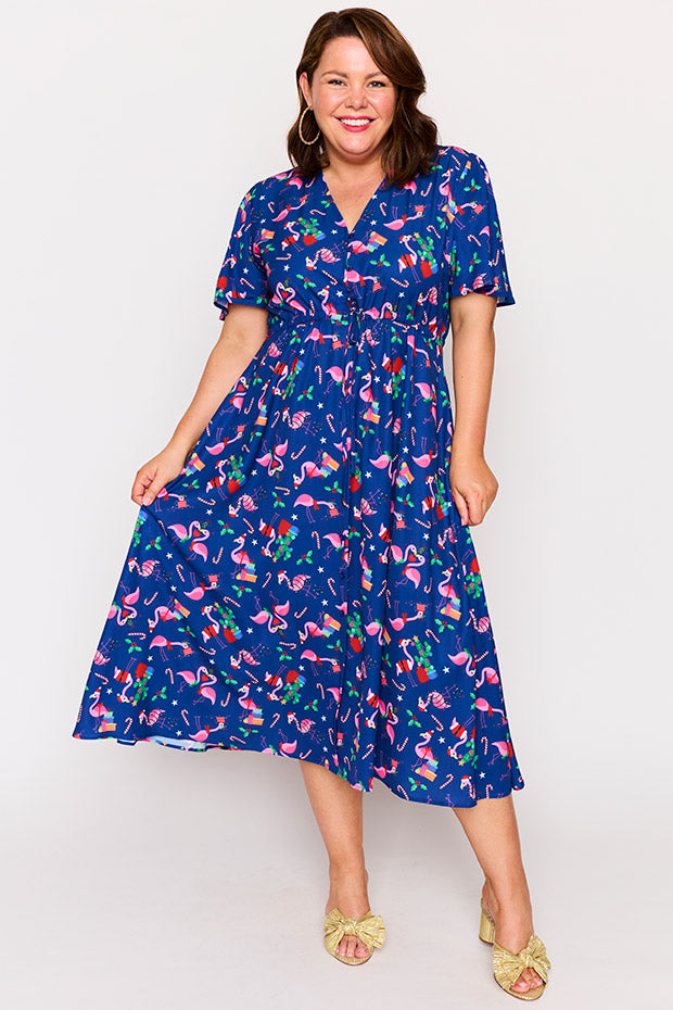 flamingo christmas dress Rosegal Plus Size Christmas Ball Santa Claus Flowers Flamingo Seascape Print Vintage Dress Plus Size,Sky blue,6x,Casual,Vintage,Spring,Summer,A-Line