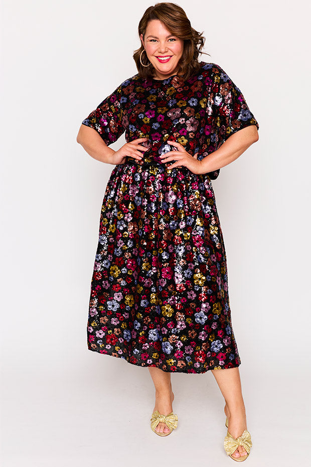 Eras Sunset Flower Sequin Skirt – Sunset Flower Sequin midi skirt