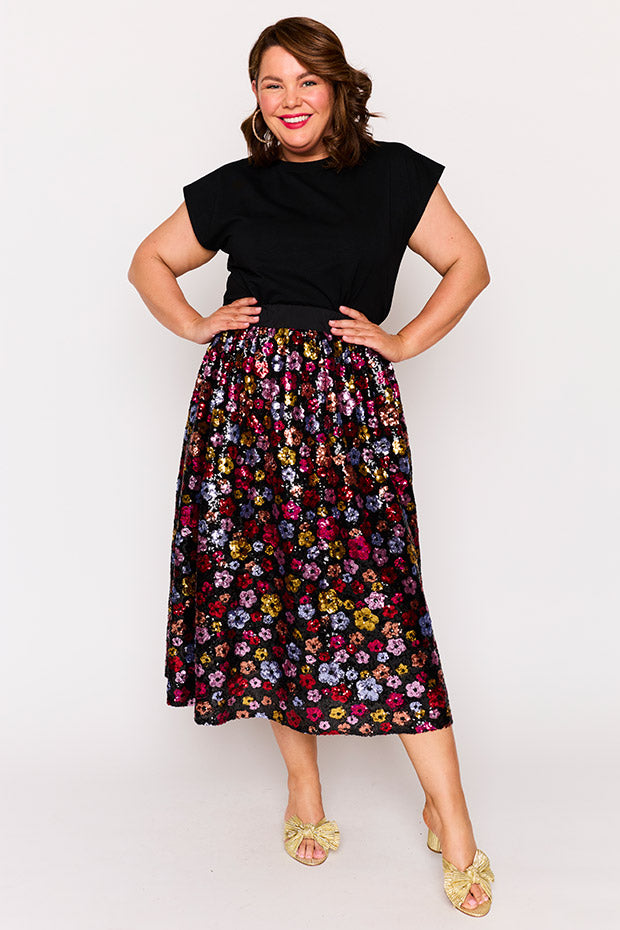 Eras Sunset Flower Sequin Skirt – Sunset Flower Sequin midi skirt