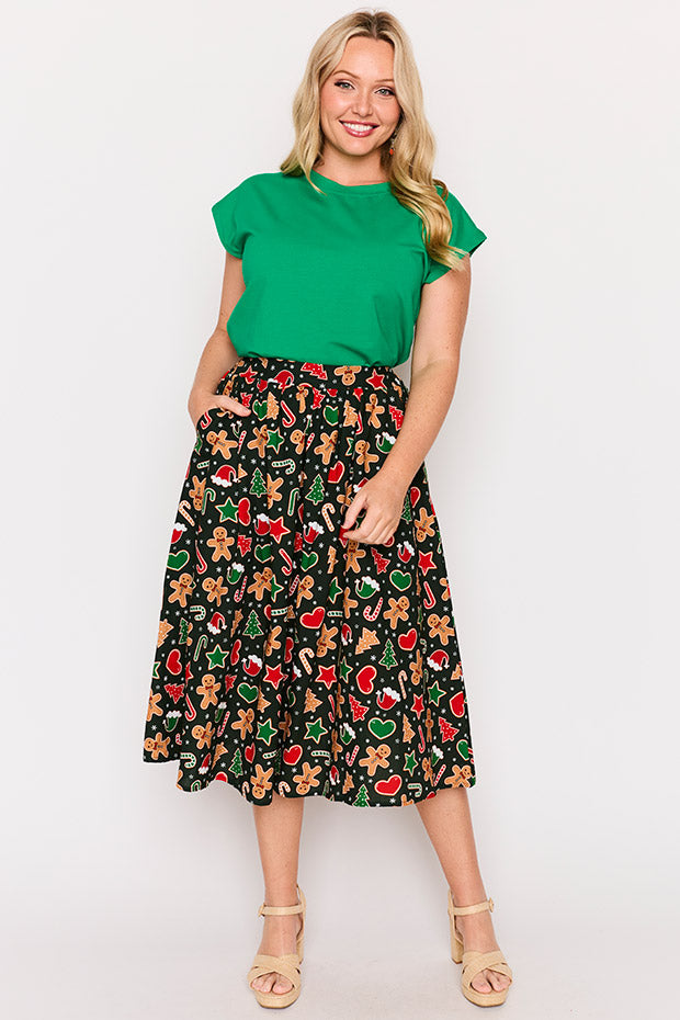 Simea Gingerbread Cookie Christmas Skirt – Gingerbread Cookie Christmas midi skirt