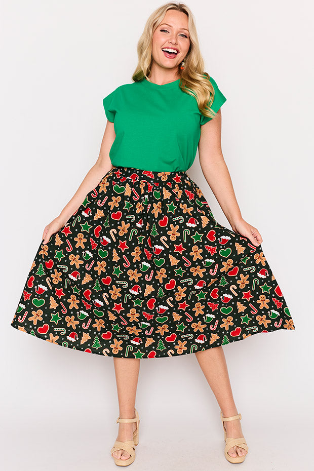 Simea Gingerbread Cookie Christmas Skirt – Gingerbread Cookie Christmas midi skirt