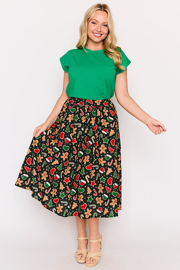 Simea Gingerbread Cookie Christmas Skirt – Gingerbread Cookie Christmas midi skirt