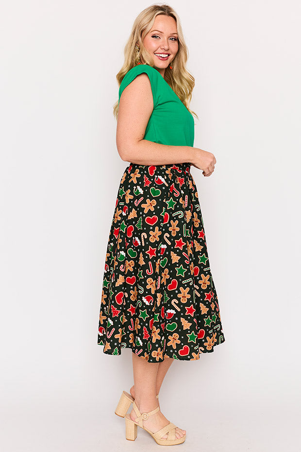 Simea Gingerbread Cookie Christmas Skirt – Gingerbread Cookie Christmas midi skirt