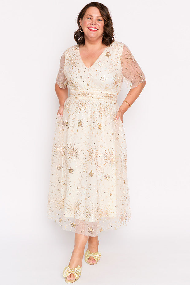 Tracey Gold Sequin Party Dress – Gold Sequin midi dress