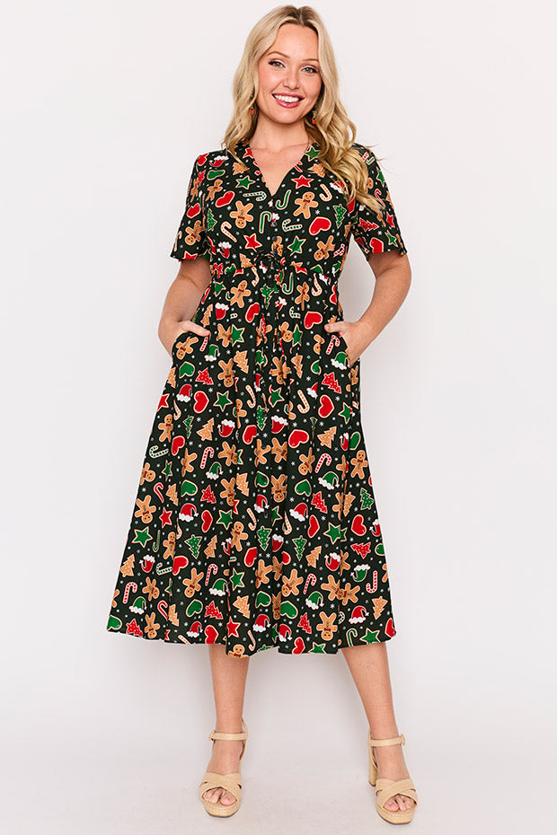 Marley Cotton Gingerbread Cookie Christmas Dress – Gingerbread Cookie Christmas midi dress