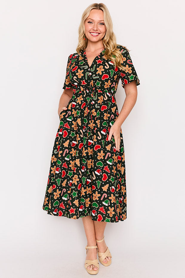 Marley Cotton Gingerbread Cookie Christmas Dress – Gingerbread Cookie Christmas midi dress