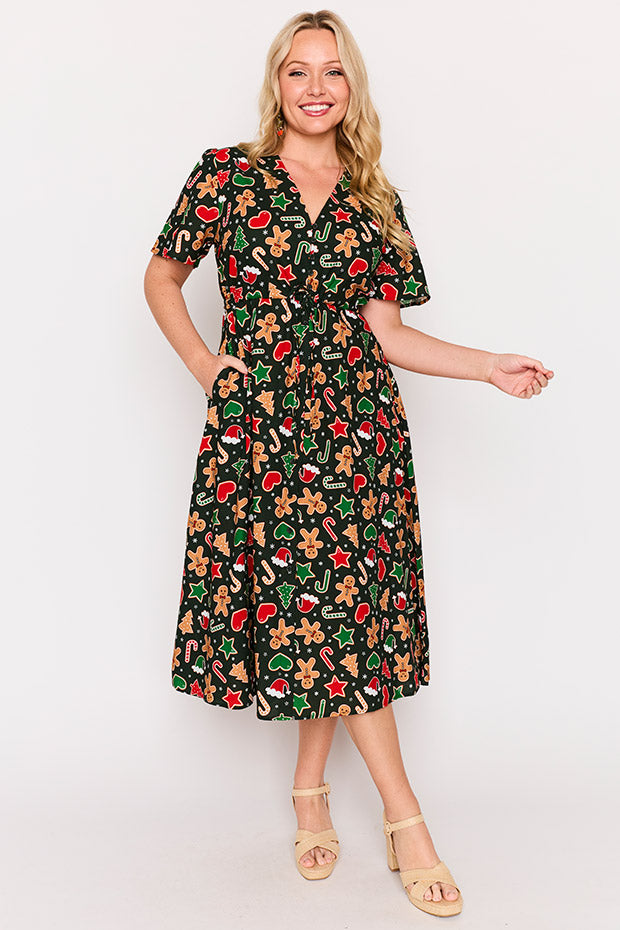 Marley Cotton Gingerbread Cookie Christmas Dress – Gingerbread Cookie Christmas midi dress